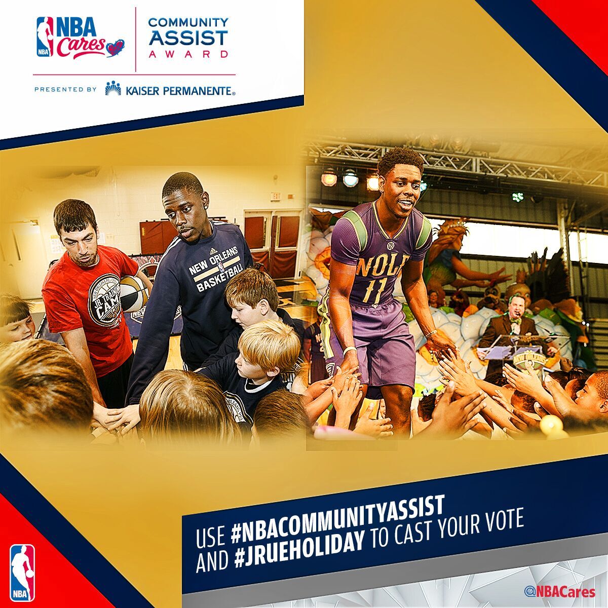 PelicansNBA's tweet photo. Time is running out to vote #JrueHoliday for the #NBACommunityAssist award! RT to cast your vote for him now! https://t.co/bCYsWIkhWQ