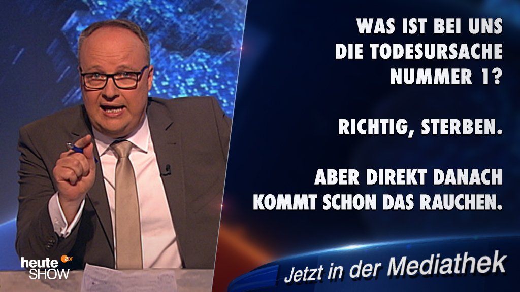 heuteshow's tweet photo. Wer früher raucht, ist länger tot.
Die #heuteshow ist online: https://t.co/81nPSYlrHr https://t.co/xNc7WtiXsT