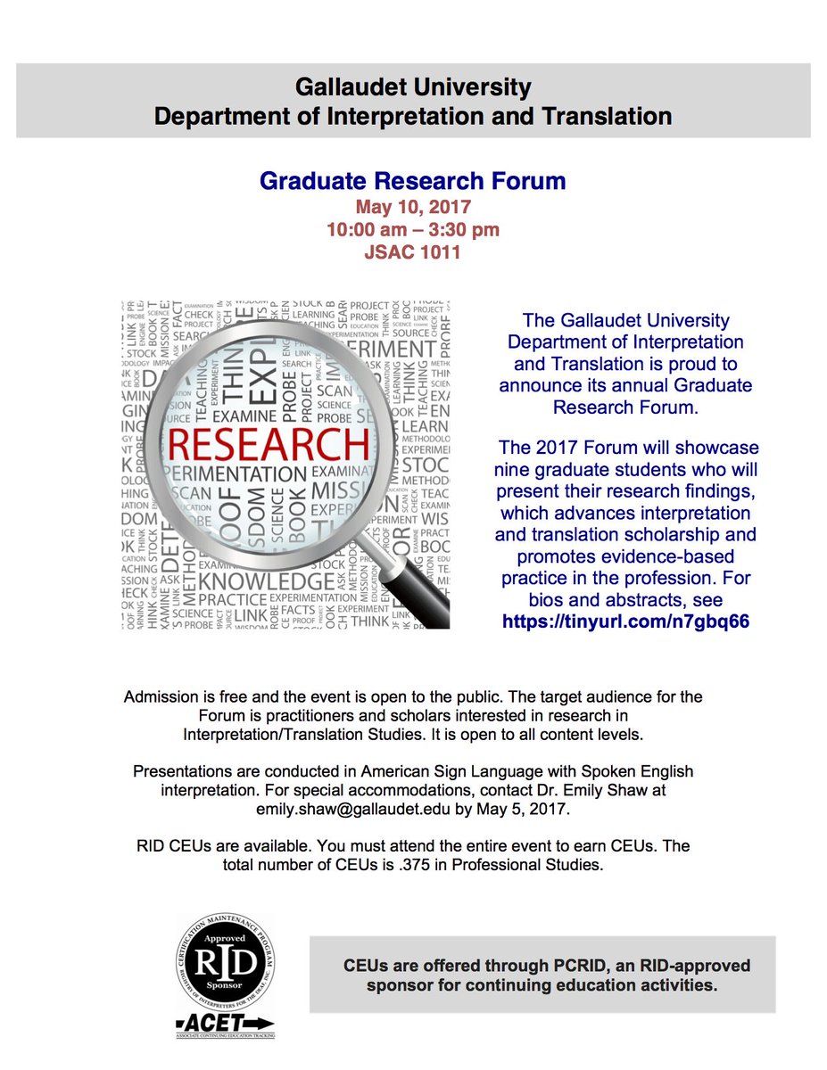 Annual MA in Interpretation student research forum - May 10, 10:00a-3:30p at JSAC 1011 <a href="/GallaudetU/">Gallaudet University</a>. CEUs provided. <a href="/GUCAITR/">Gallaudet CAITR</a> #DOIThappenings