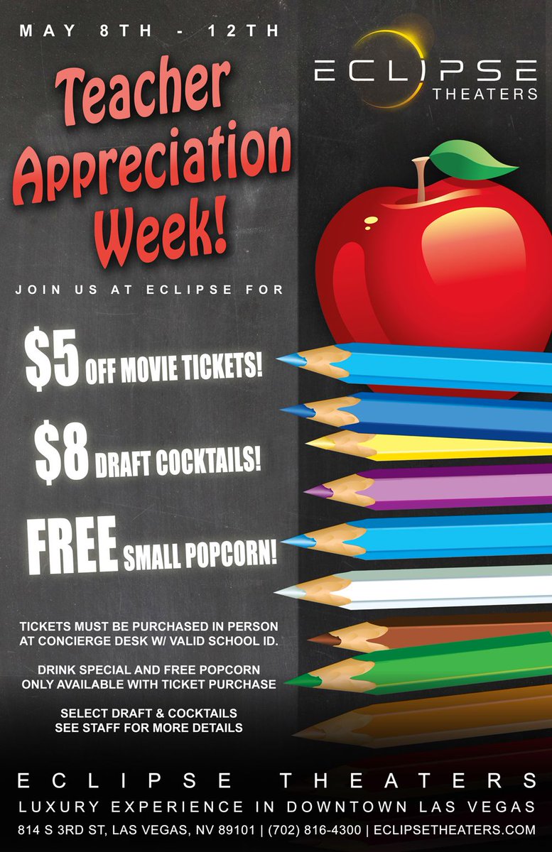 eclipsetheaters's tweet photo. Join us in celebrating Teacher Appreciation Week ! From 5/8 - 5/12, teachers received $5 OFF movie tickets and FREE popcorn #eclipsethis https://t.co/sUVtAz7i8w