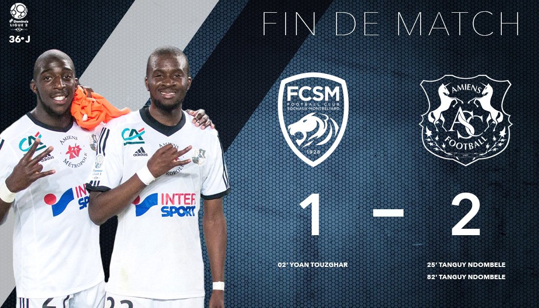 AmiensSC's tweet photo. Les amiénois montent sur le podium de la Domino's Ligue 2 après cette belle victoire à Sochaux.Il reste deux matchs pour rêver. https://t.co/52QuFLIgSV