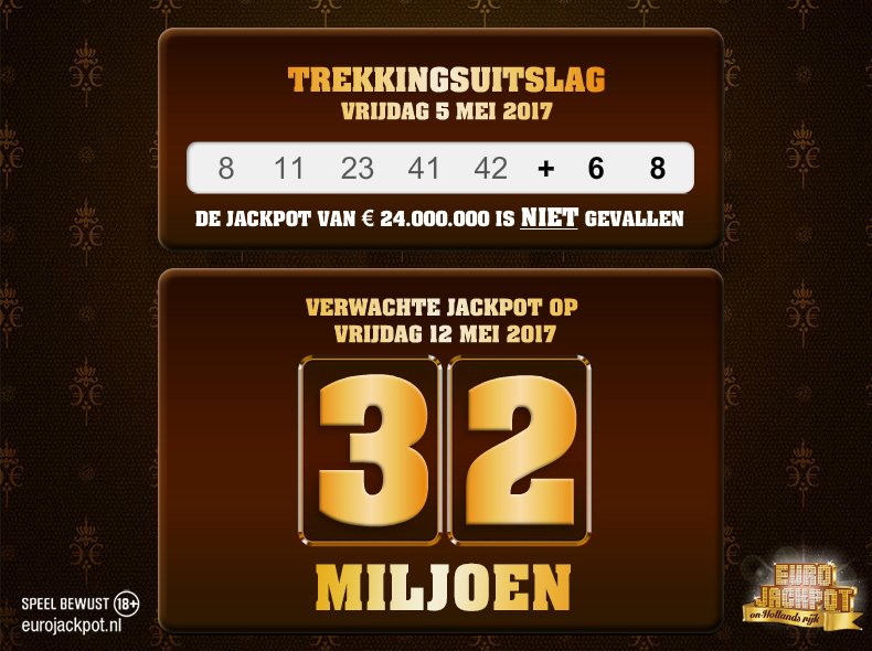 De trekkingsuitslag is bekend. Wij feliciteren alle winnaars! Word jij volgende week #onhollandsrijk? eurojackpot.nederlandseloterij.nl