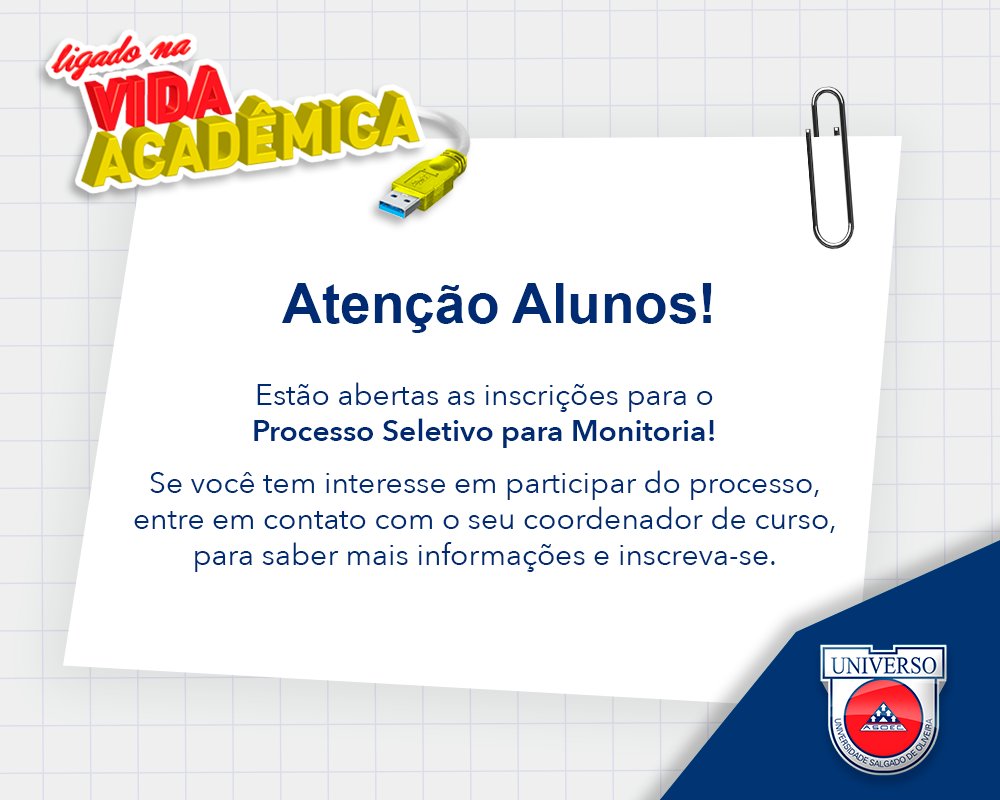 Universo_Asoec's tweet photo. Estão abertas as inscrições para #monitorias em todas as nossas unidades! Entre em contato c/ seu coordenador de curso #AlunoUniverso https://t.co/0YcrwDraB0