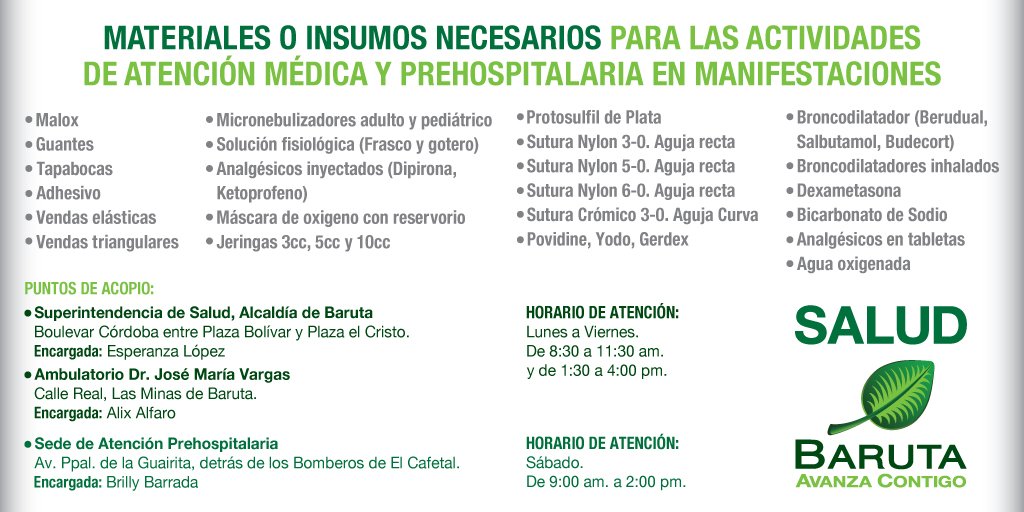AlcaldiaBaruta's tweet photo. ¿Quieres ayudar al equipo de @Salud_Baruta con insumos? Aqui toda la información https://t.co/W3hPiFhIn0