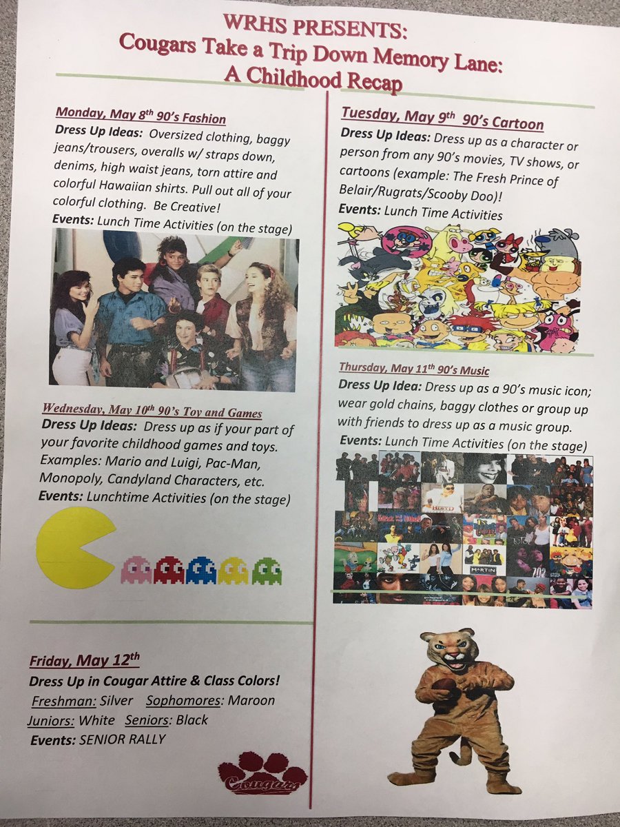 Get your outfits ready and Dress to impress and let's make this LAST spirit week of the year the best 🎊👏 #cougarstakeatripdownmemorylane