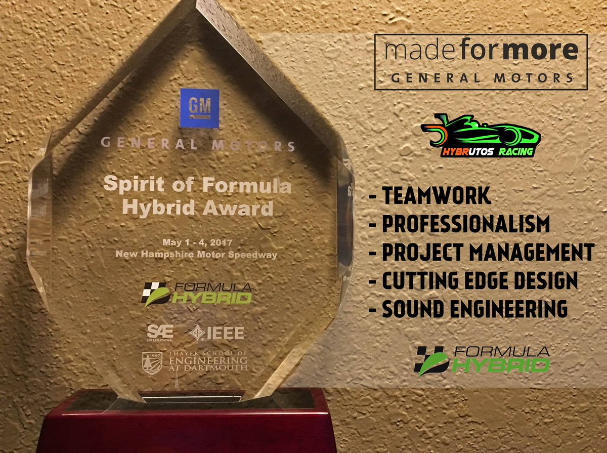 Podium Finish in <a href="/Formula_Hybrid/">Formula Hybrid Electric</a> 2017
1st in Design Event
Overall 3rd in Hybrid Category
'Spirit Of Formula Hybrid' by <a href="/GM/">General Motors</a> 
<a href="/timesofindia/">The Times Of India</a>