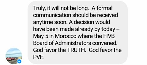 oneforPVF's tweet photo. Truly, it will not be long...
A message from the Philippine Volleyball Federation President Edgardo J. Cantada.
#JusticeForPVF #PVFight https://t.co/y6iDwug15m
