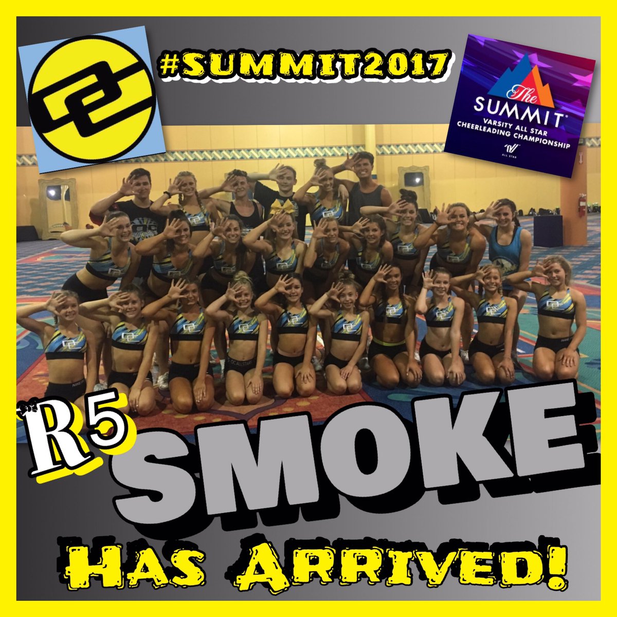 OCAllStars_'s tweet photo. OC SMOKE💨 Has Arrived!! #Summit2017 #LSRC5 #R5 #Smoke #proud2bOC #bigyellowbow @VarsitySpirit @cheerUPDATES2 💙💛 https://t.co/GTSzYNjnae