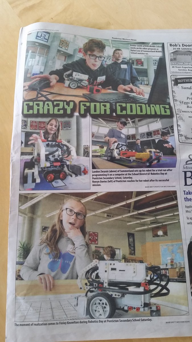SD67CareerEd's tweet image. Great article in @PentictonNews for SD67 Robotics Day. @ddirom @toddmanuel_67 #getcoding CODE67.ca SpaceSchool.ca