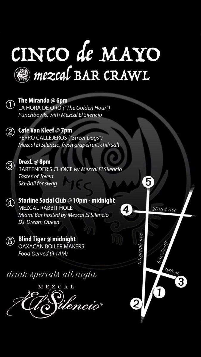 MezcalSilencio's tweet photo. Oakland's Best Bar Crawl for #CincoDeMayo 🎉
•••
@themirandabar @cafevankleef @DrexlBar @StarlineSC @BlindTigerOak ⚡ https://t.co/DxrB1efAny