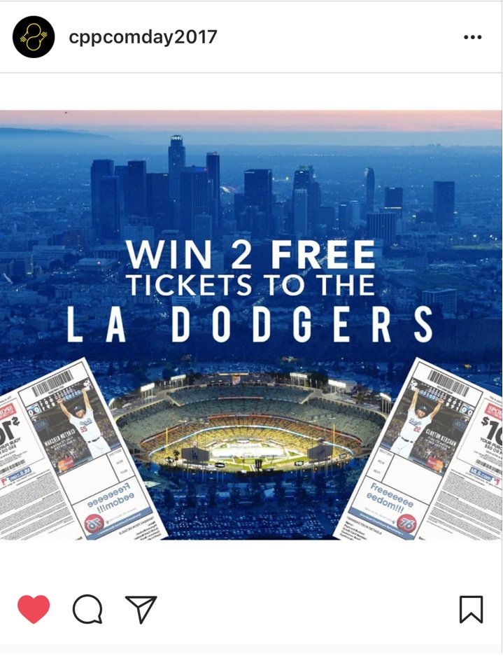 CPPComDay2017's tweet photo. GIVEAWAY! Want to win a pair of Dodger tickets? Follow us on Instagram to find out how! https://t.co/eCpojy4ZNP #COMDay #CalPolyPomona #CPP https://t.co/Dj5ZCmraoh