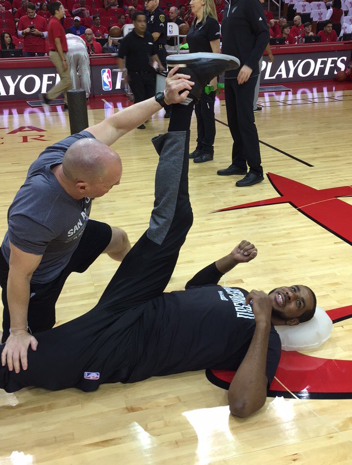 NBA's tweet photo. LaMarcus stretches it out before Game 3 on ESPN. #NBAPlayoffs https://t.co/dXynH3uem3