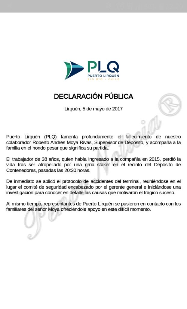 Declaracion de Prensa del Puerto De Lirquen por muerte de trabajador identificado como Roberto Moya Rivas ocurrido hoy.

Penco Noticia.