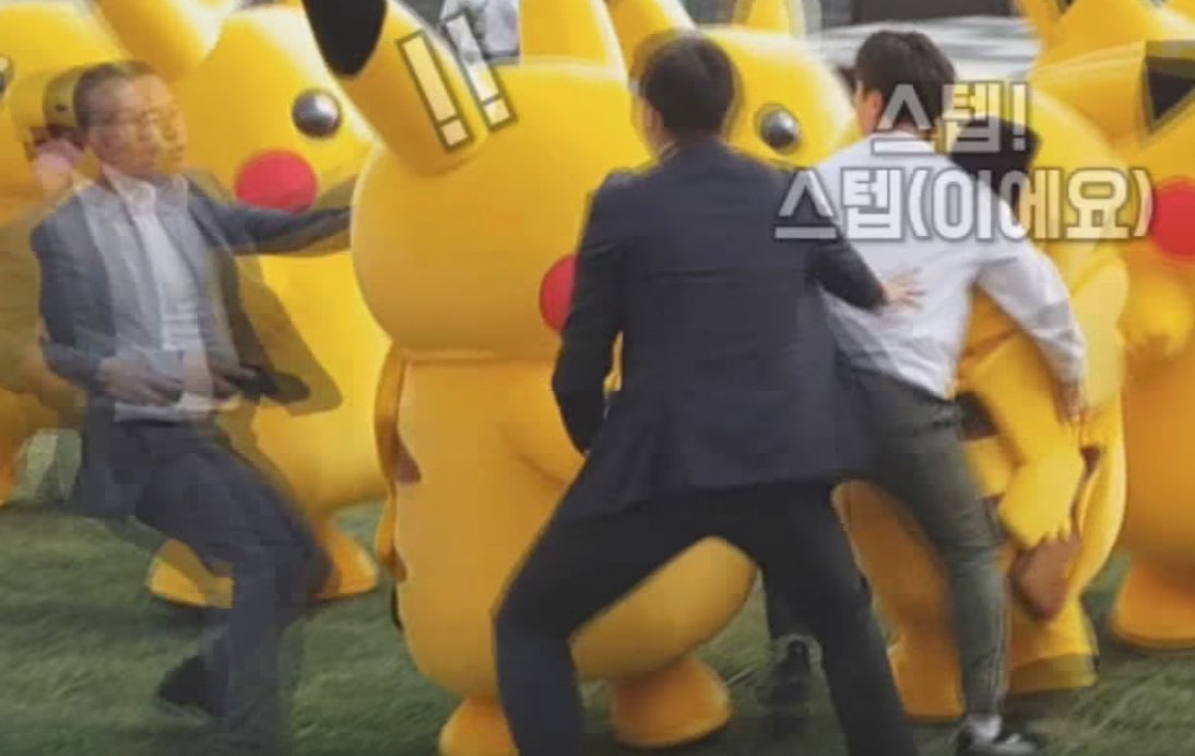 GenePark's tweet photo. OK so the sweater guy got Pikachu,  2nd guy in suit was a bouncer who didn't know sweaterman was event staff, 3rd guy corrects him. Mayhem. https://t.co/VZiByWGIKo
