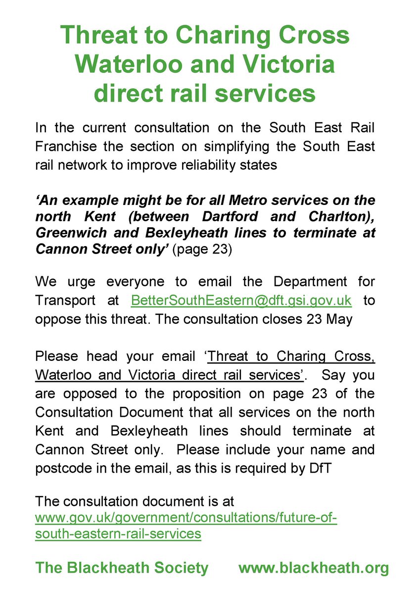No more direct #Blackheath trains to Charing X and Vic? 2 wks til SE Rail consultation ends 23 May. Email BetterSouthEastern@dft.gsi.gov.uk