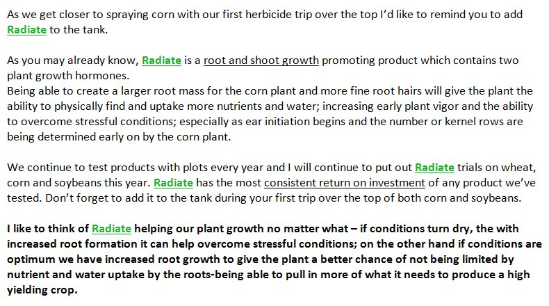 Geoff__Reeves's tweet photo. Don't forget to add #LPiRadiate to the tank during your first trip over corn and soybeans this spring. CONSISTENT ROI. https://t.co/Vw05txFYME