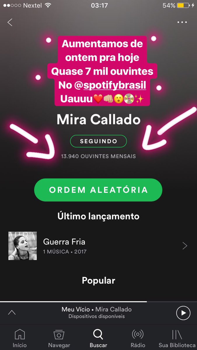 Amando ver os ouvintes aumentando a cada dia do meu <a href="/Spotify/">Spotify</a> #siga #miracallado #guerrafria 💓🎧📀