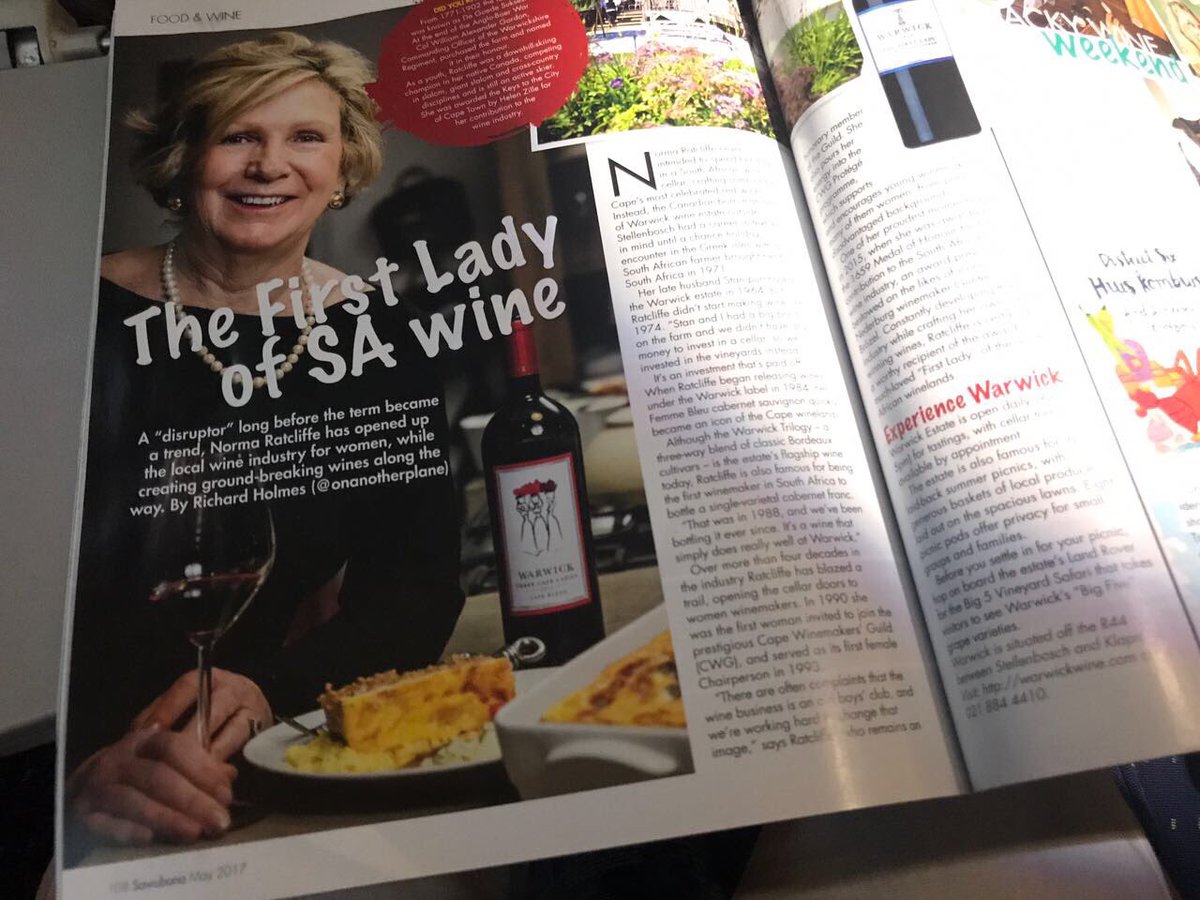 warwickwine's tweet photo. Flying the flag. A great article on our 'First Lady' Norma Ratcliffe in @SawubonaSAA inflight Magazine 🇿🇦✈️ https://t.co/nPgvLnsefb