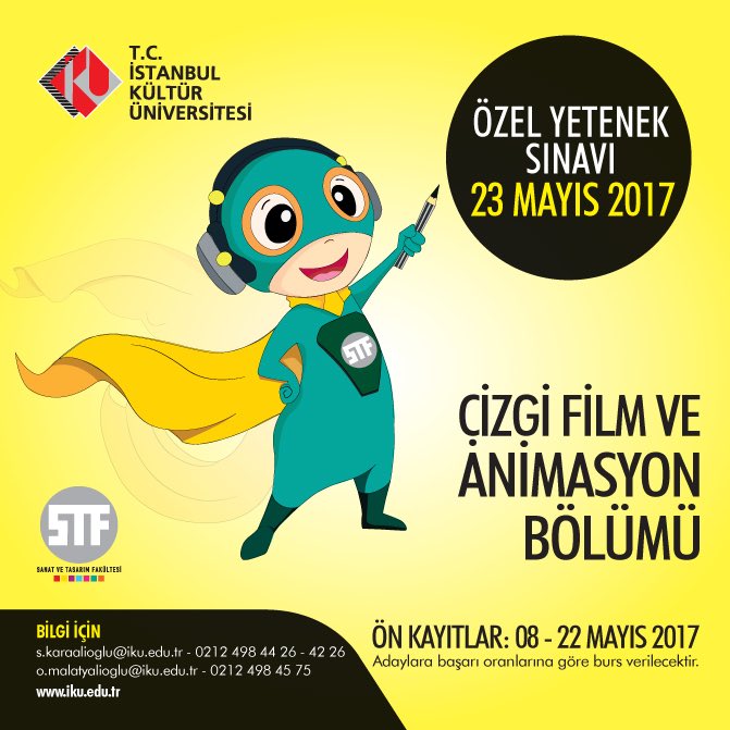 ikustf's tweet photo. Çizgi Film ve Animasyon Bölümü Özel Yetenek Sınavı 23.05.2017
o.malatyalioglu@iku.edu.tr 02124984575 / 02124984426 #ikustf #öys #çizgifilm https://t.co/CGbaLs7MjA