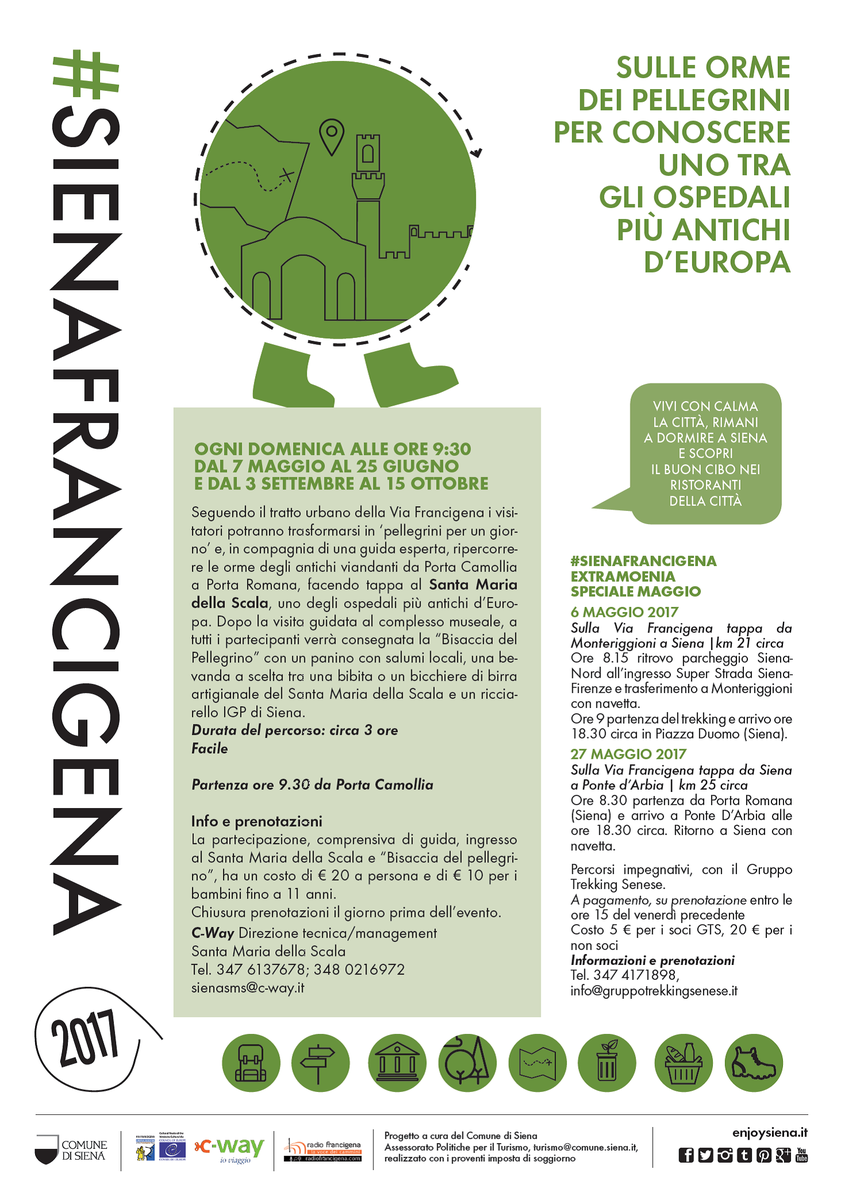 #SienaFrancigena comes back!
Every Sunday morning, from May 7 to June 25 and from September 3 to October 15, 2017!
enjoysiena.it/en/attrattore/…