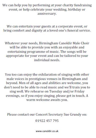 BIRMINGHAM CANOLDIR MALE VOICE CHOIR can perform at your #wedding #anniversary #birthday #funeral #charity or #corporate #event . <a href="/brumhour/">#BrumHour 🐝 Networking with #Birmingham</a>