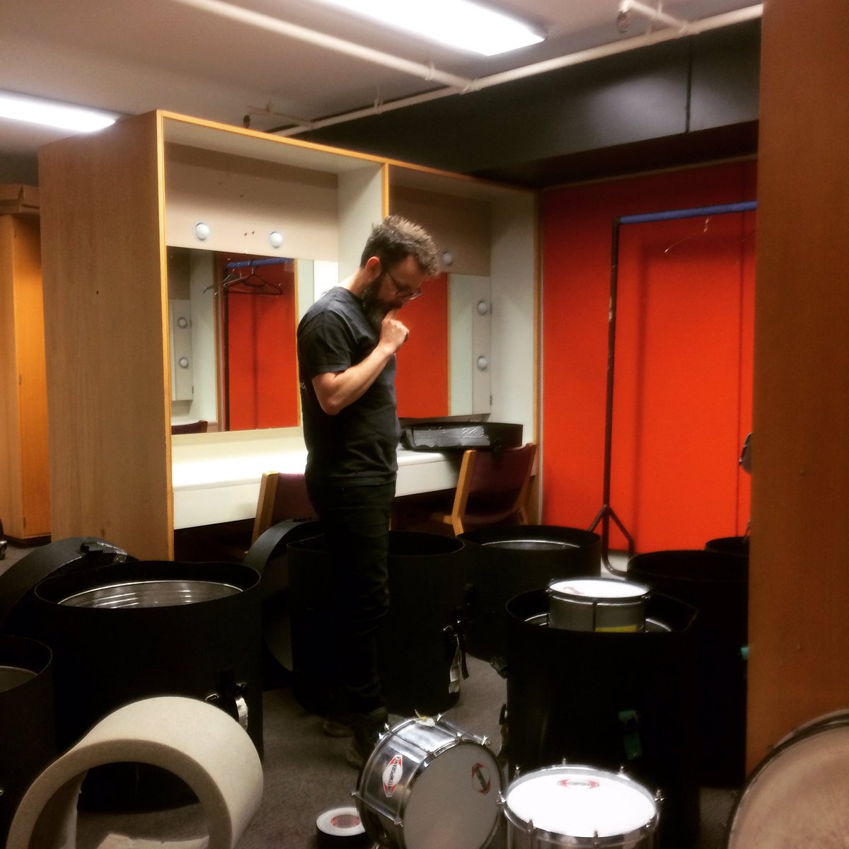 Packing is underway for our forthcoming Athens trip - <a href="/RMcDouall/">Ross McDouall</a> is sure they're going to fit in somehow... #toomanydrums #drumworksontour