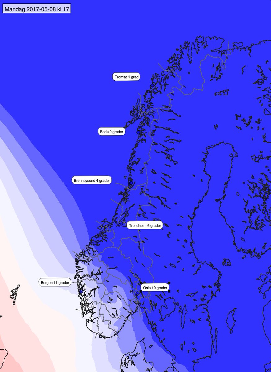 Meteorologene's tweet photo. Kaldlufta i nord siger sørover til #SørNorge i morgen, men #Bergen kan nyte litt sommervarme en dag til. https://t.co/EEdlmZnGCM