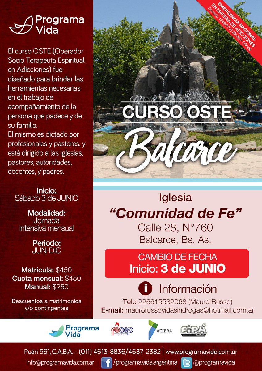 programavida's tweet photo. IMPORTANTE: Cambio de fecha de inicio en OSTE Balcarce. Nueva fecha sábado 3 de Junio. https://t.co/X8UjlZI3u5
