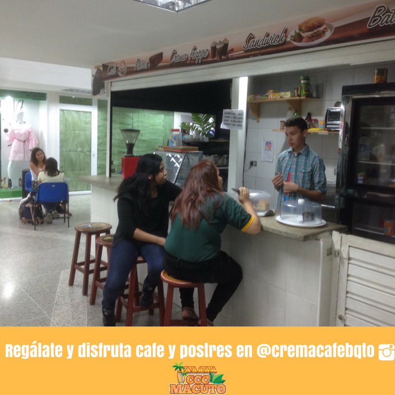 cccmacuto's tweet photo. Ven a @cremacafebqto y consiéntete con divinísimos postres 🍮🍨🍰y delicioso café ☕️en el #cccmacuto carrera 19 entre 22 y 23 https://t.co/Jr2zitVuc7