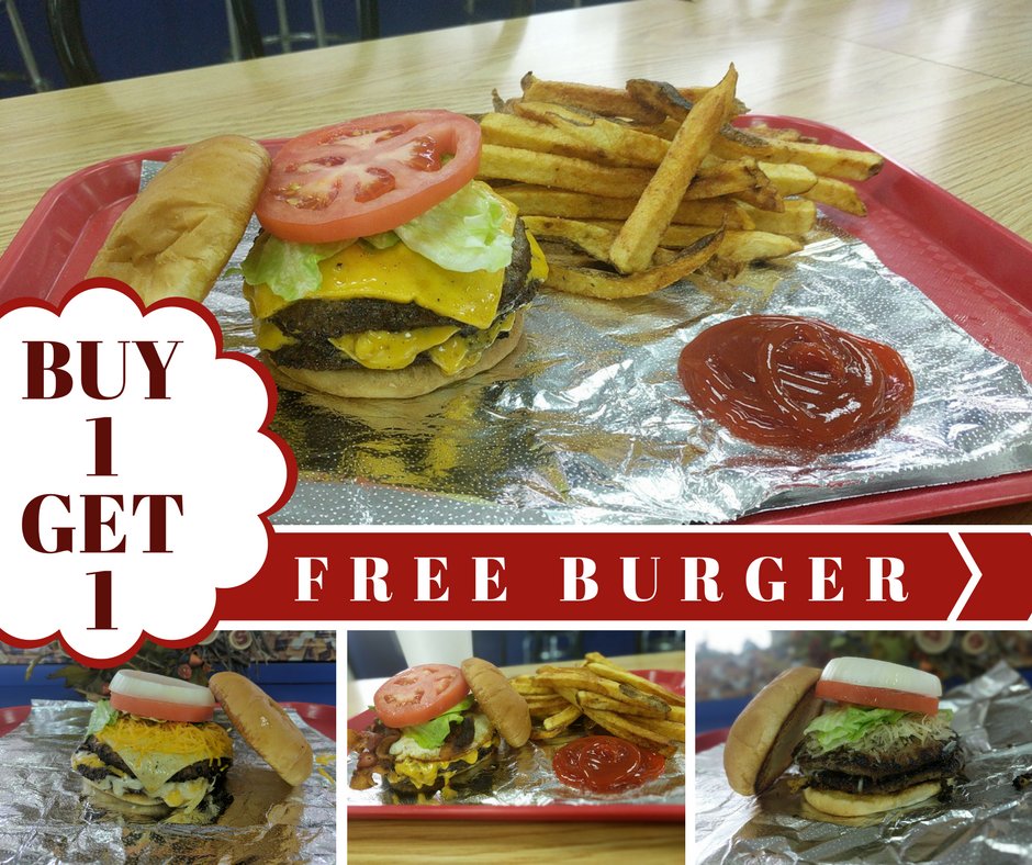 BackwoodsBurger's tweet photo. TODAY IS BUY 1 GET 1 FREEE BURGERS AT BACKWOODS BURGERS AND FRIES FROM 12-4PM. IM TYPING IN ALL CAPS BECAUSE THIS DEAL IS HUUUUUUGEEEE! :) https://t.co/Z6TPgYcZ0w