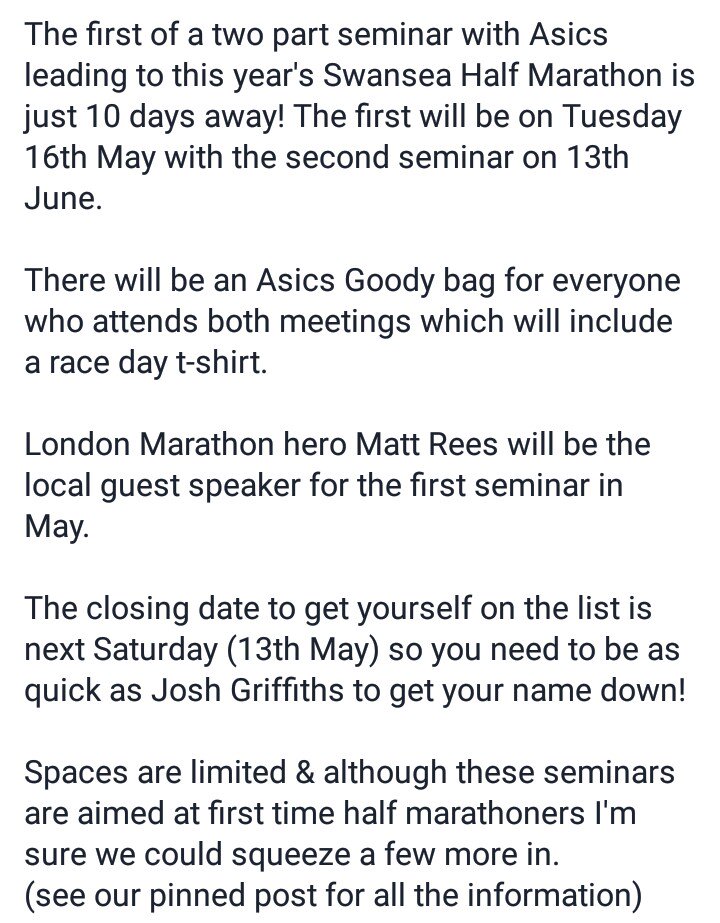 MotiSwansea's tweet photo. Just 10 days until our first @ASICSUK @Swansea_HM seminar with @thewelshrunner. Closing date is next Saturday (13th may) sign up quick! https://t.co/F6EIEVQgHc
