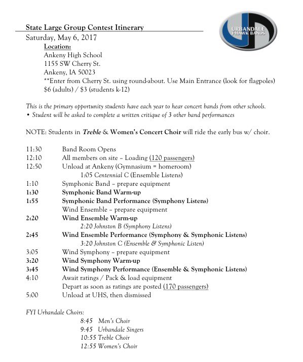 UHS_Bands's tweet photo. #IHSMA State Large Group Contest is today! Please be on site by noon. Also, good luck to our partners in crime @JHawkVocalMusic https://t.co/hlq4nEBifK