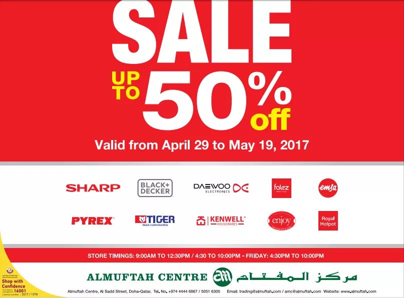 dailydealsqatar's tweet photo. @AlmuftahGroup offering 50% off on various brands
#sale2017 #shoppingguide #valueoffer #promotion #almuftahgroupqatar #ddq #dailydealsqatar https://t.co/9NyYJdKjc6