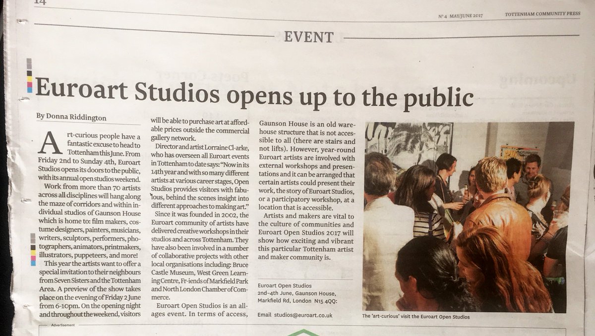 EuroartStudios's tweet photo. Thanks @tottenhamcp for the article re @EuroartStudios Open Studios event. 2-4 June: meet artists, view/ buy original works, enjoy art! https://t.co/mKjd8J28Cu