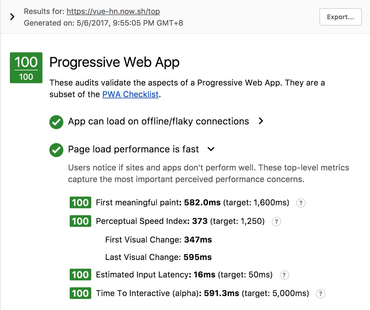 Latest PWA stats for vue-hn.now.sh on mobile network in Taiwan