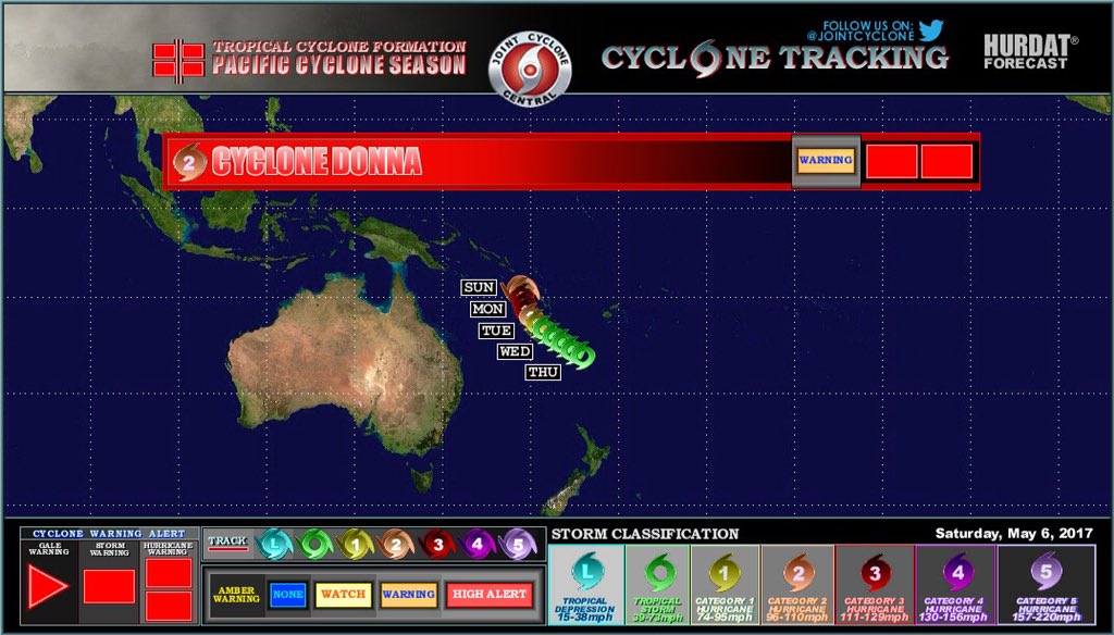 #CycloneDonna (C2)
Max. Wind Gusts: 105mph
Strength: Cat 2
Beaufort: 12+ (hurricane)
Minimum Pressure: 963mb