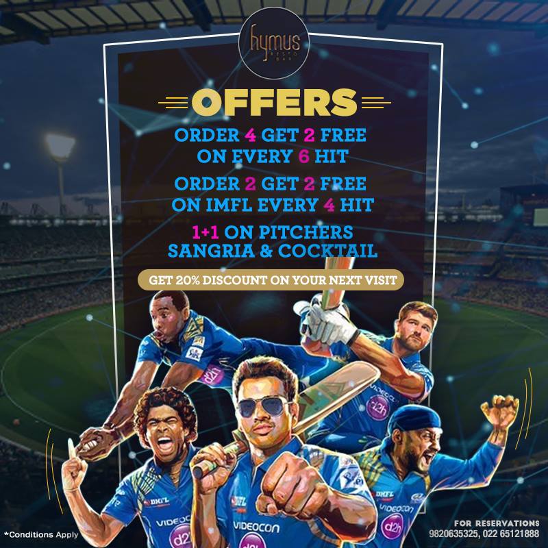 hymusrestobar's tweet photo. When you can't make it to the stadium, enjoy IPL at hymus with our amazing set of offers! 
#IPLSeason #IPLScreening #hymusrestobar #oshiwara https://t.co/8IjFjxyDT7
