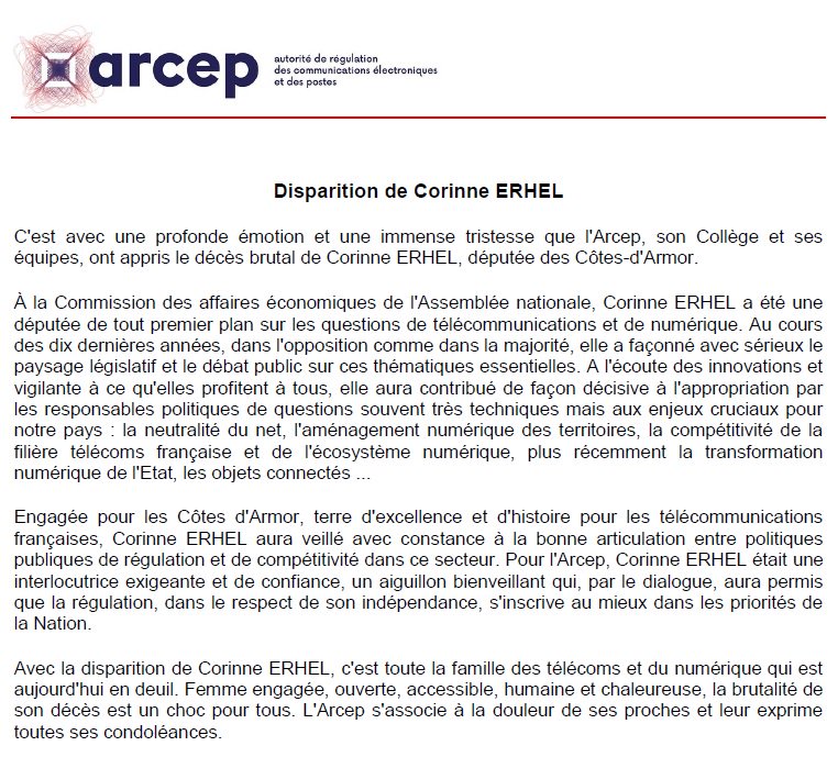 Arcep's tweet photo. Avec la disparition de Corinne Erhel, c'est toute la famille des télécoms et du numérique qui est aujourd'hui en deuil https://t.co/KnUEWZM7Hx