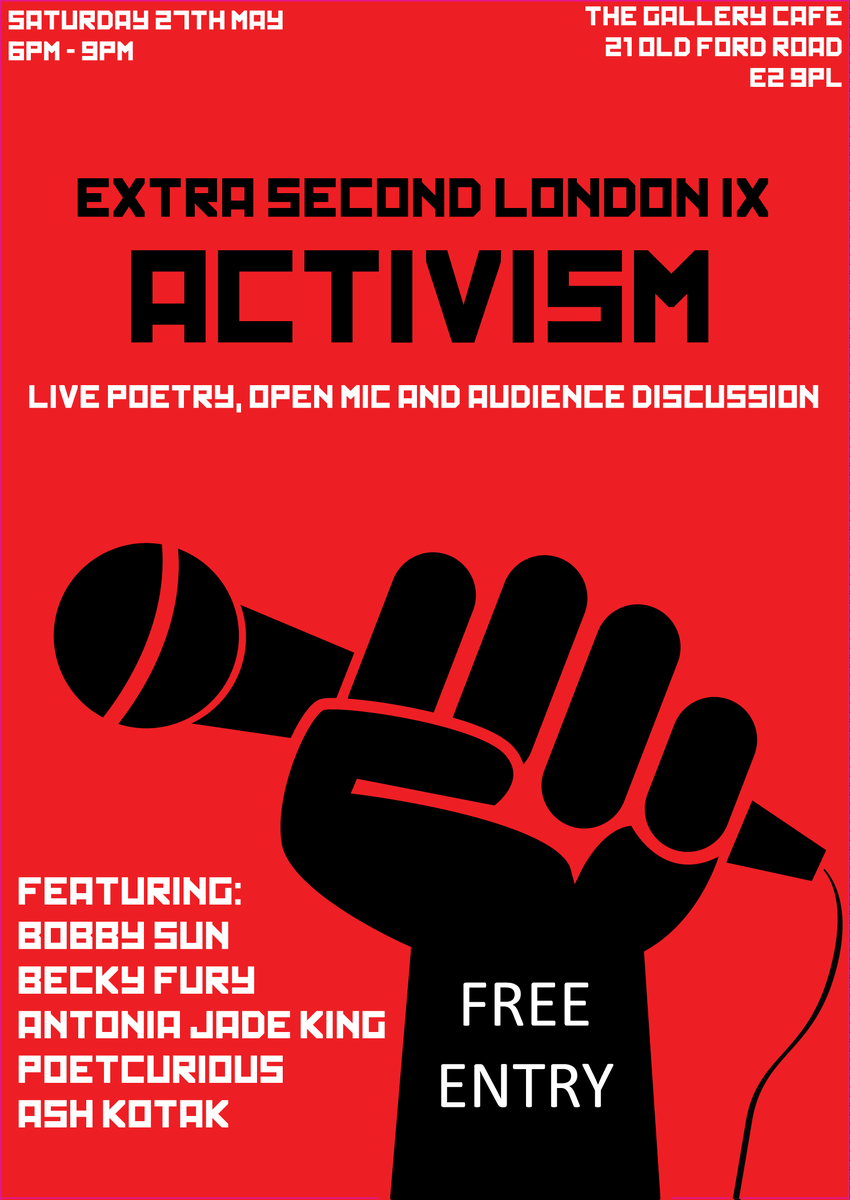 Our next event is 27th May <a href="/The_GalleryCafe/">The Gallery Cafe</a>. With featured poets, open mic &amp; audience discussion on the theme of activism. Free entry!