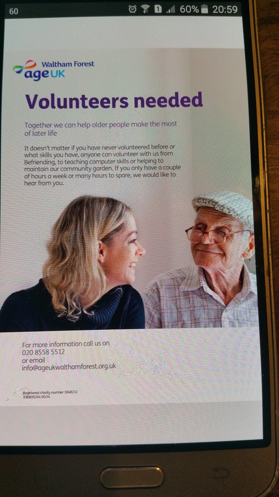 Chingford_Mount's tweet photo. AgeUK LBWF urgently needs Volunteers! There's a long waiting list of desperately lonely people who want to have a cup of tea and a chat! https://t.co/q8bDwIFl1y