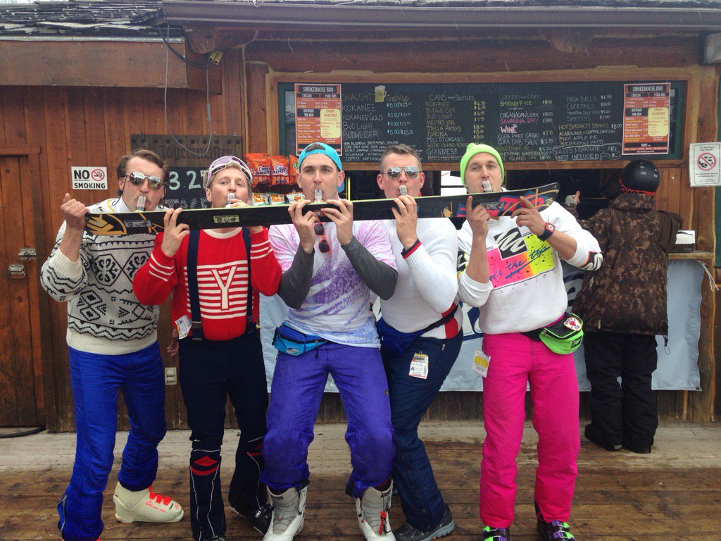 CTVdawnwalton's tweet photo. Happening now: '80s style shotski in effect @SkiLouise #mediaskiday #justlakeit #justgethere https://t.co/zBXvJBCgRY