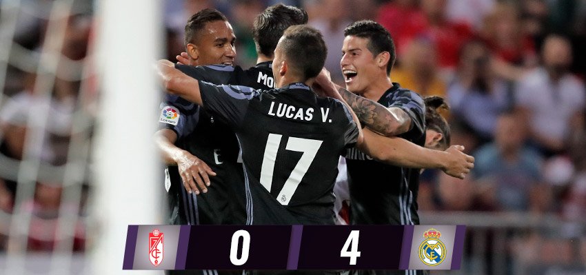 FULLTIME: Granada 0-4 #RealMadrid

⚽ - 03', 11' <a href="/jamesdrodriguez/">James Rodríguez</a>
⚽ - 30', 35' <a href="/AlvaroMorata/">Álvaro Morata</a>

#RMLiga #HalaMadrid
