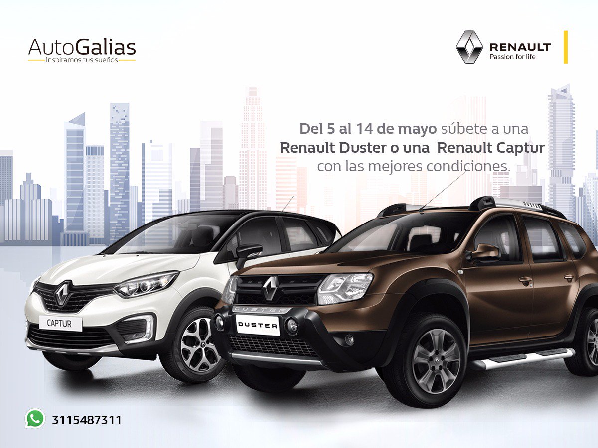 _autogalias's tweet photo. Del 5 al 14 de mayo las mejores condiciones para subirte a bordo de una Renault Duster o una Renault Captur.
¿Con cuál te quedas? https://t.co/mDyTmIobEC