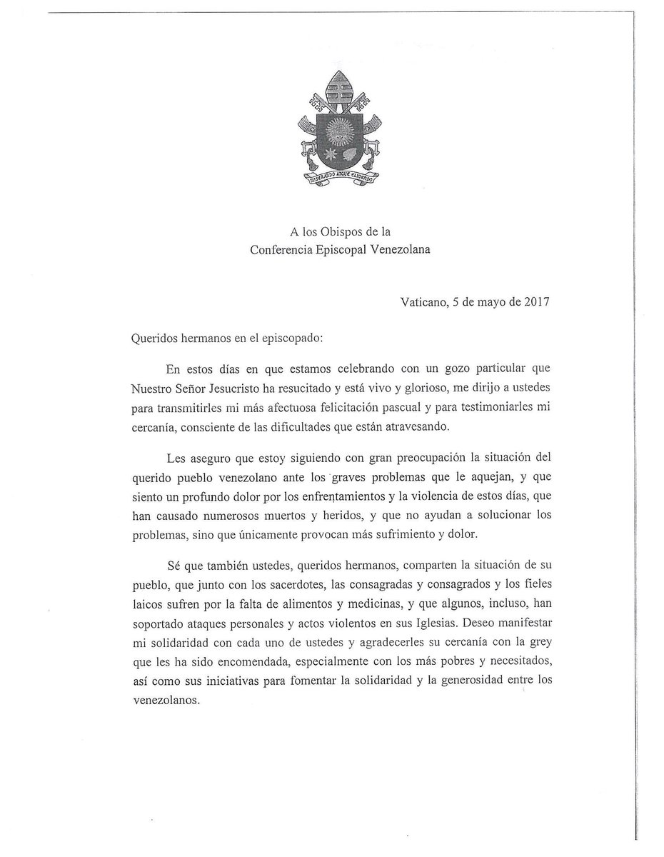 CEVmedios's tweet photo. Papa Francisco envía Carta a los obispos de Venezuela expresando su cercanía y preocupación por el sufrimiento del pueblo venezolano. https://t.co/5x3qKDgd89