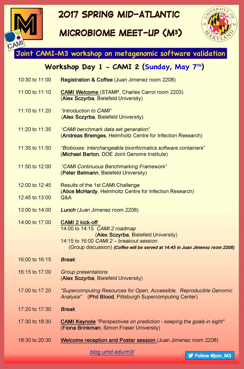 join_M3's tweet photo. TOMORROW! May 7th CAMI+M3 Workshop @UMDResearch #Metagenomics @CAMI_challenge @bioboxes https://t.co/sWxoCcVura