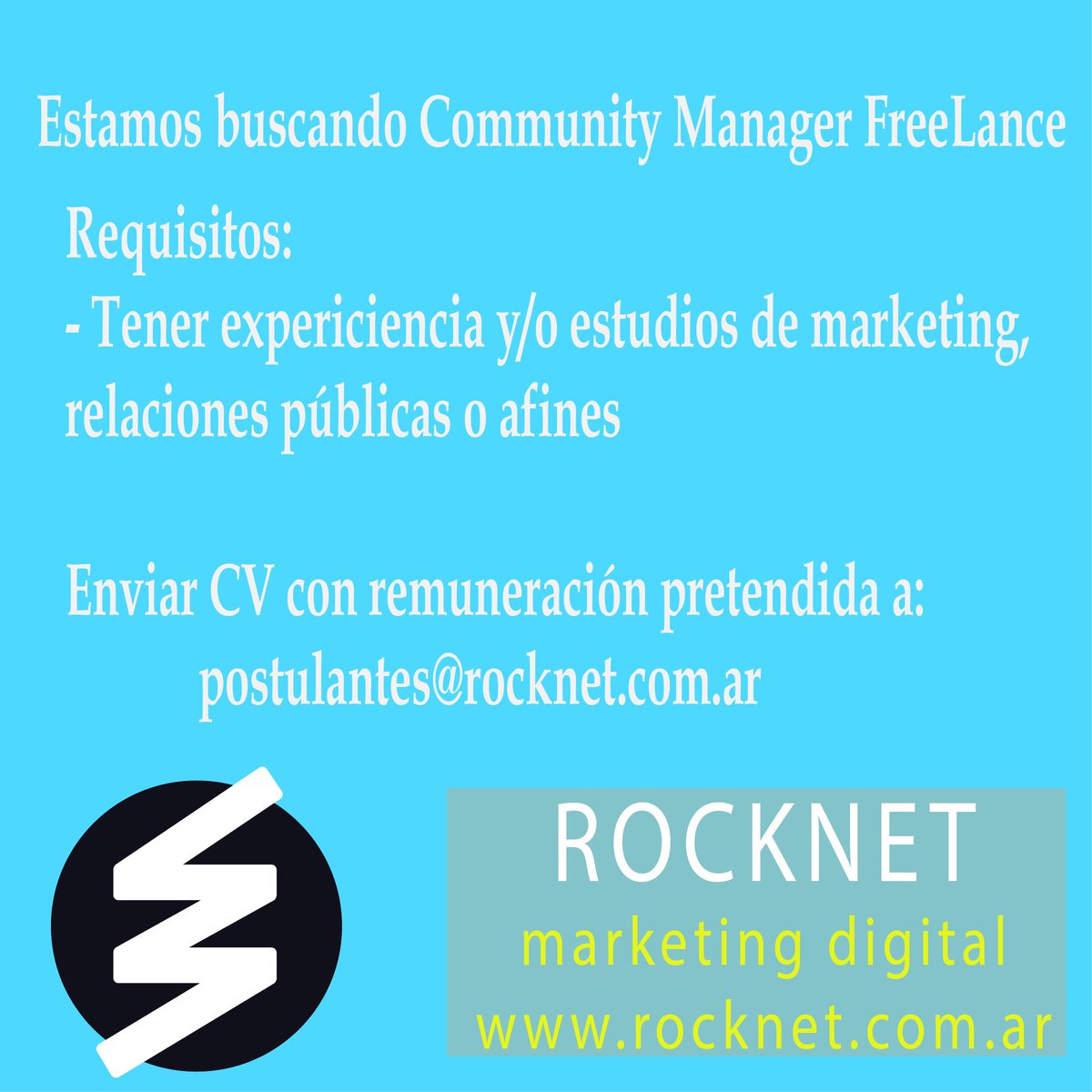 RocknetMD's tweet photo. ¿Querés ser parte de Rocknet Marketing Digital?
Estamos sumando gente freelance. https://t.co/cn4cqZjI1S