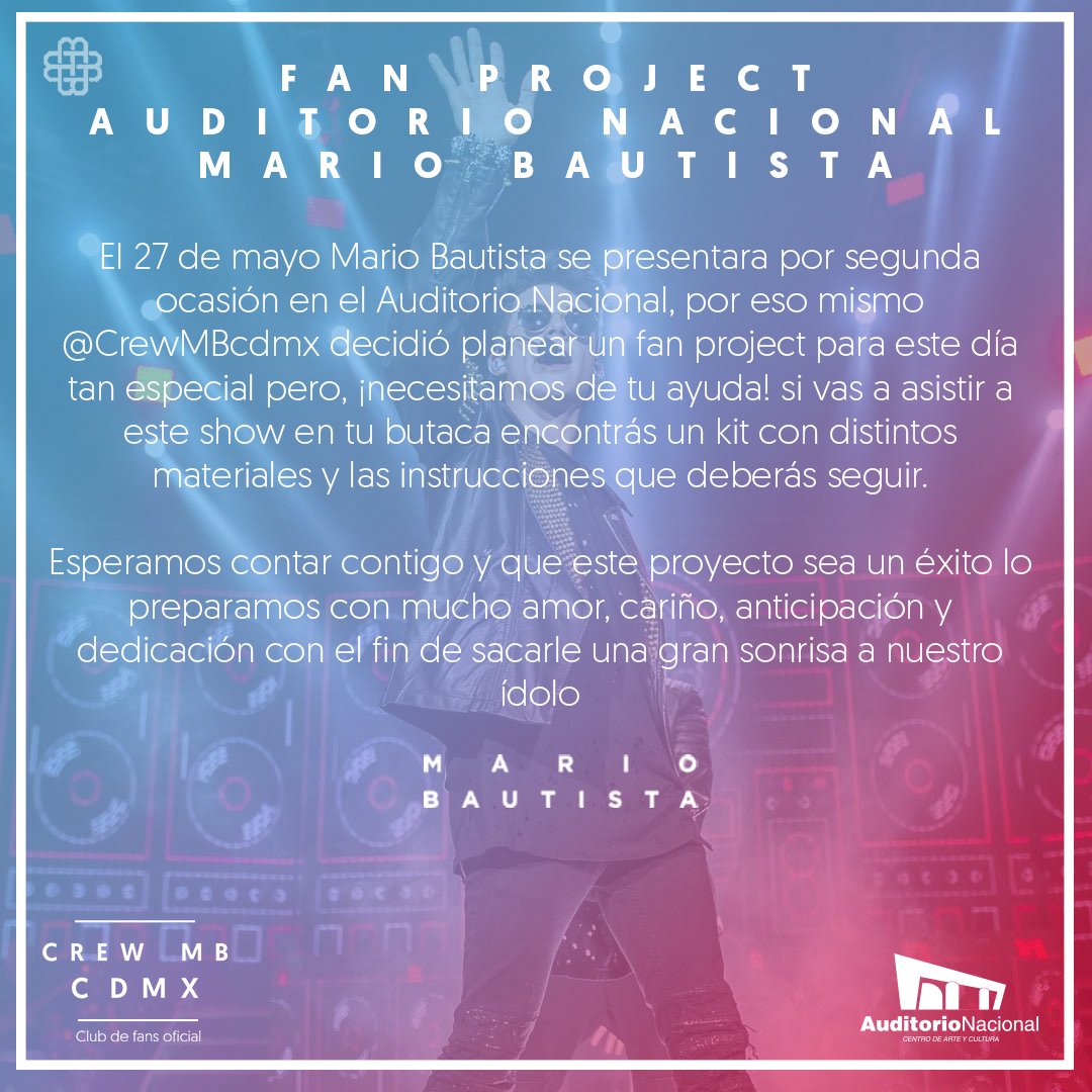 bautistersSC's tweet photo. 🔝❤️FAN PROJECT MB AUDITORIO NACIONAL🔝❤️
🎉pasen el link de este tweet para que se enteren TODOS🎉
Esperamos contar con su ayuda,gracias.💓 https://t.co/S7nP22Re7y