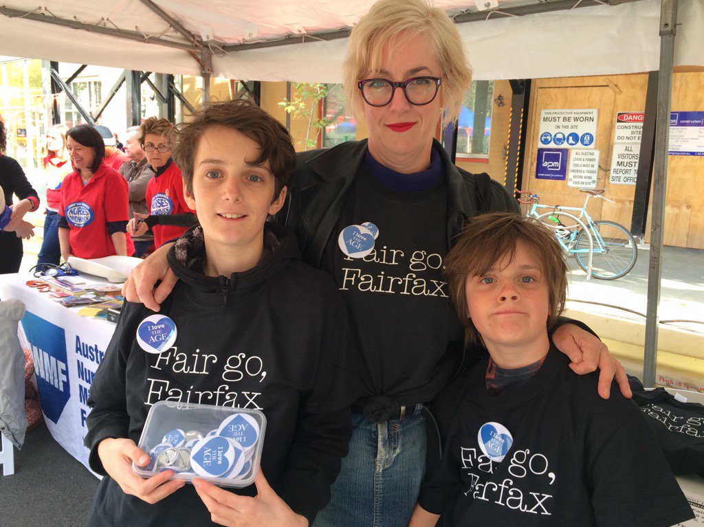 .<a href="/theage/">The Age</a> journo @DebGough &amp; family flying the flag at #MayDay2017 in Melbourne. #fairgofairfax