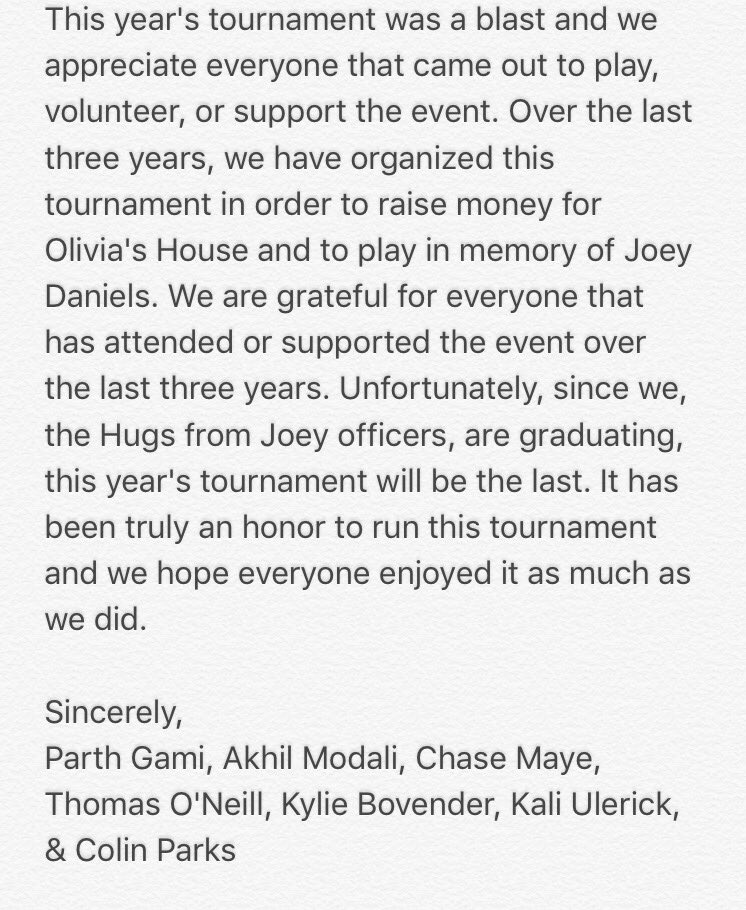 Thanks to everyone that came to the tournament today! With that, the Hugs from Joey 3-on-3 tourney comes to an end...hope everyone had fun!