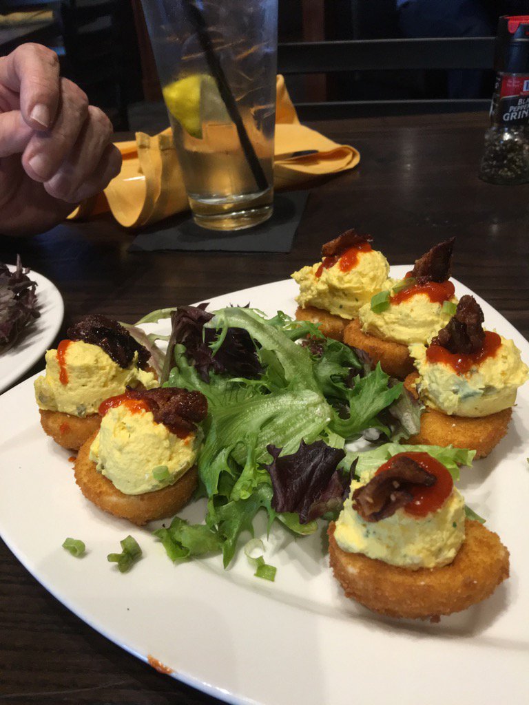 RepHarryBrooks's tweet image. Deep fried deviled eggs- something different at the Local Goat in Pigeon Forge!
